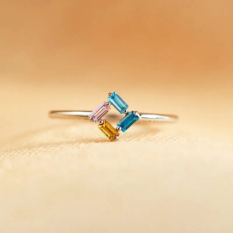 925 Rectangular Birthstone Ring Female Simple Fashion 3-6 Diamond Color Optional Customization