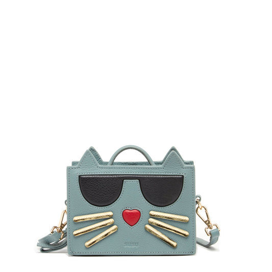 Leather Cat Purse Crossbody Bag Mineral Blue