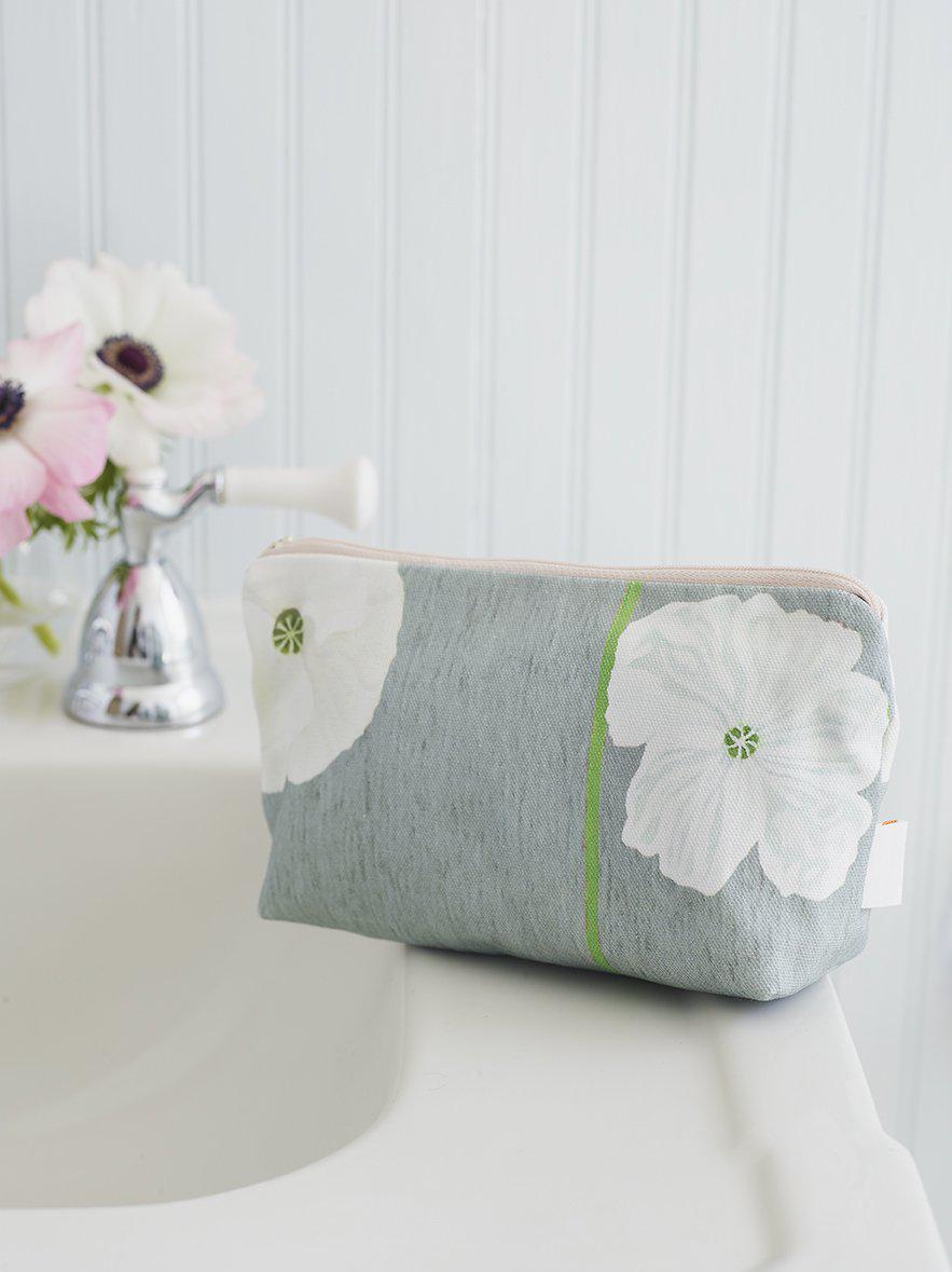 Makeup Bag: White Poppies on Grey